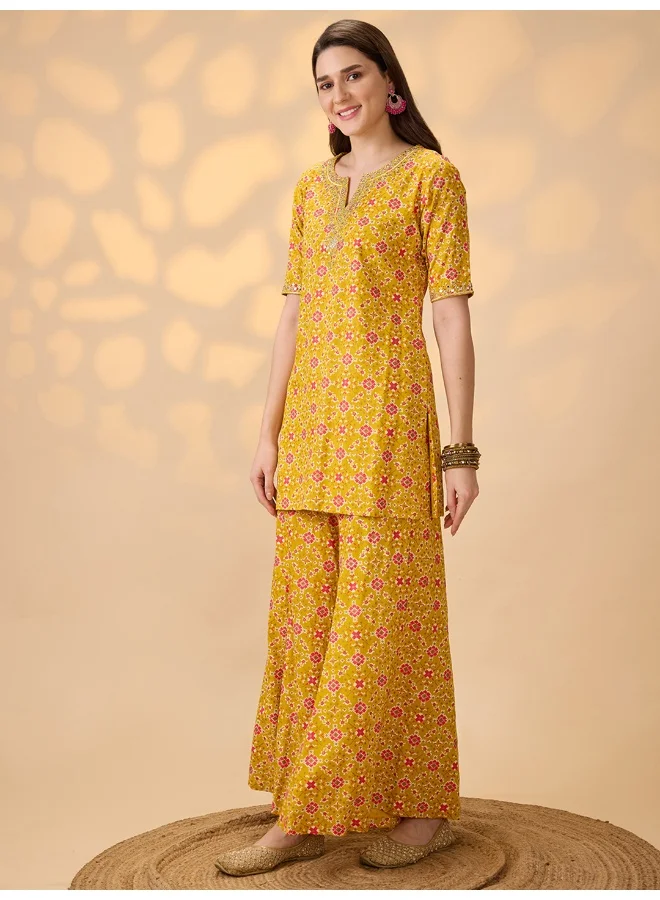 globus Globus Women Mustard Embroidered & Mirror Work Yoke Ethnic Print Kurti With Palazzos Festive Co-Ord Set