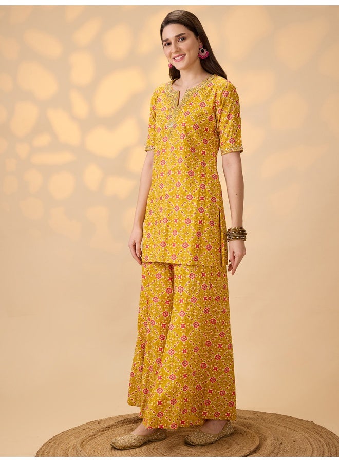globus Globus Women Mustard Embroidered & Mirror Work Yoke Ethnic Print Kurti With Palazzos Festive Co-Ord Set - Image 2