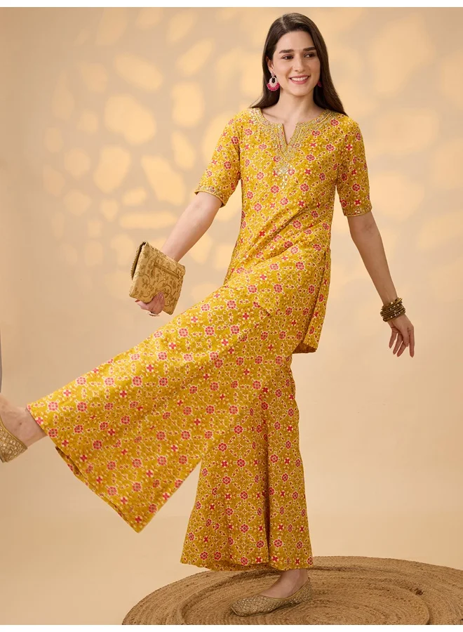 globus Globus Women Mustard Embroidered & Mirror Work Yoke Ethnic Print Kurti With Palazzos Festive Co-Ord Set