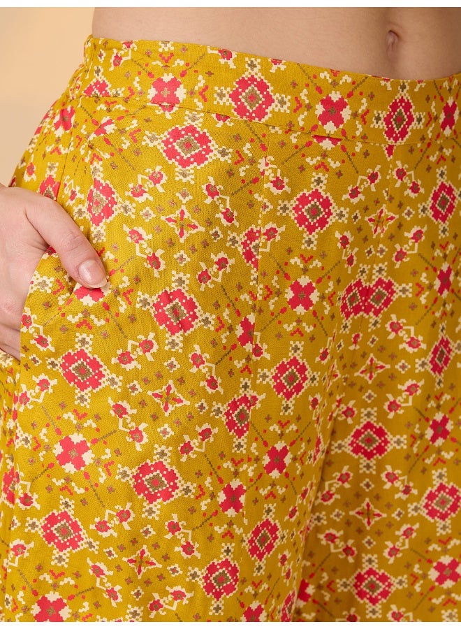 globus Globus Women Mustard Embroidered & Mirror Work Yoke Ethnic Print Kurti With Palazzos Festive Co-Ord Set - Image 5