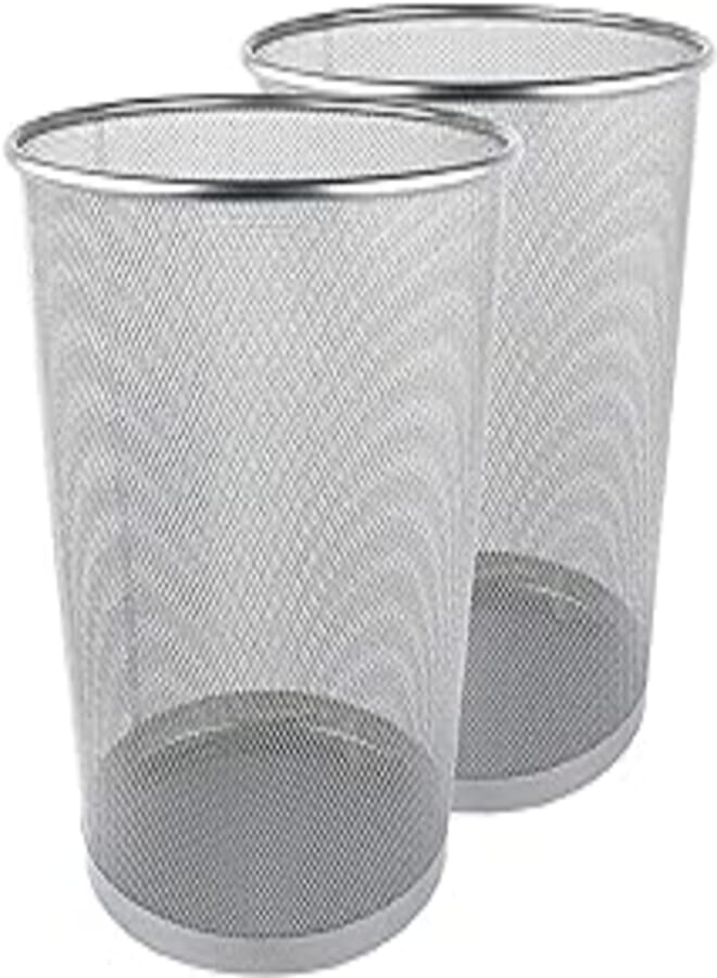 Greenco Small Trash Cans for Home or Office, 2-Pack, 6 Gallon Silver Mesh Round Trash Cans, Lightweight, Sturdy for Under Desk, Kitchen, Bedroom, Den, or Recycling Can