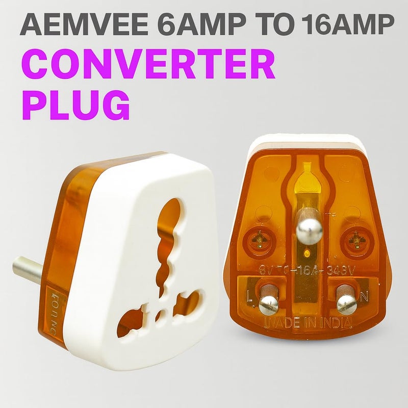 AEMVEE 6A to 16A Converter Plug Heavy-Duty 6 Amp to 16 Amp Socket Adapter for AC, Refrigerator, Geyser & Heavy Appliances Universal 3-Pin 16A Extension Compatible Pack of 1 - Image 4