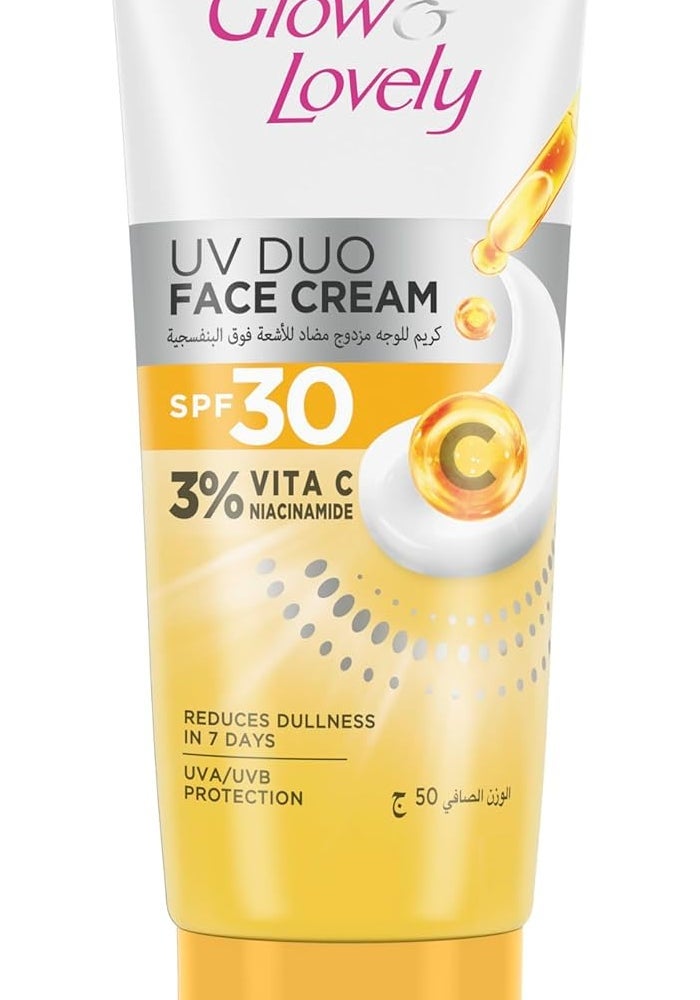 Glow & Lovely كريم الوجه جلاو آند لوفلي ثنائي الأشعة فوق البنفسجية، SPF 30، 3% فيتامين C ونياسيناميد، 50 جرام - Image 1