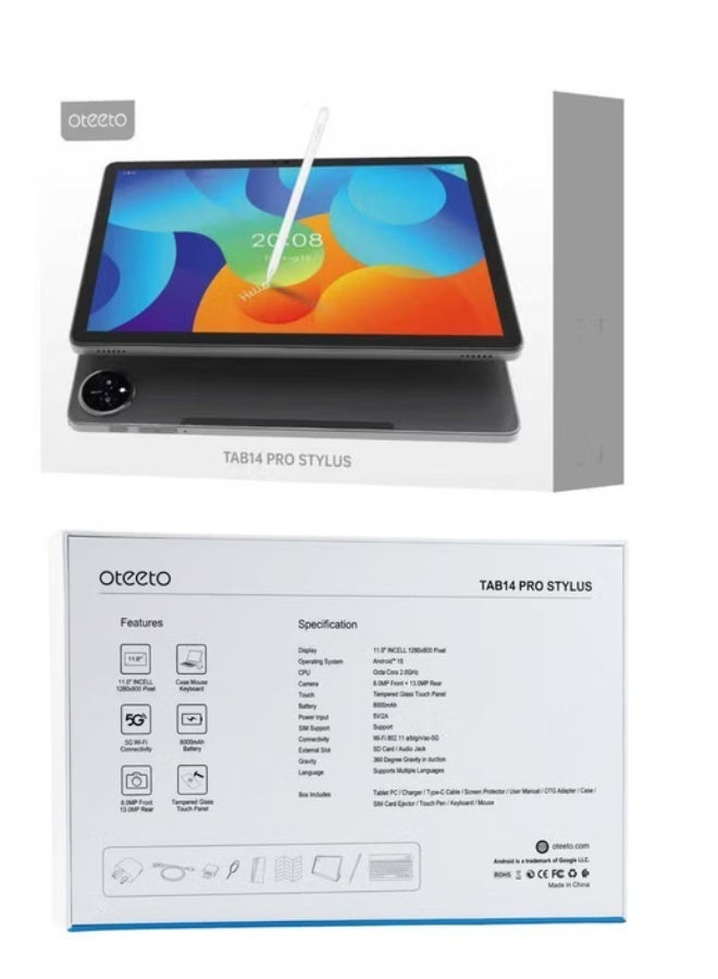 Oteeto Tab 14 Pro Stylus | Slim Design | 5G Tablet Dual SIM with Bluetooth Keyboard Case, Mouse & Stylus Pen – 12GB RAM 512GB Storage, 11.0" Large Display, 8000mAh Battery, Fast Charging, Tempered Glass, 13MP Rear + 8MP Front Camera, WiFi, High Performance Tablet – (Blue) - Image 5