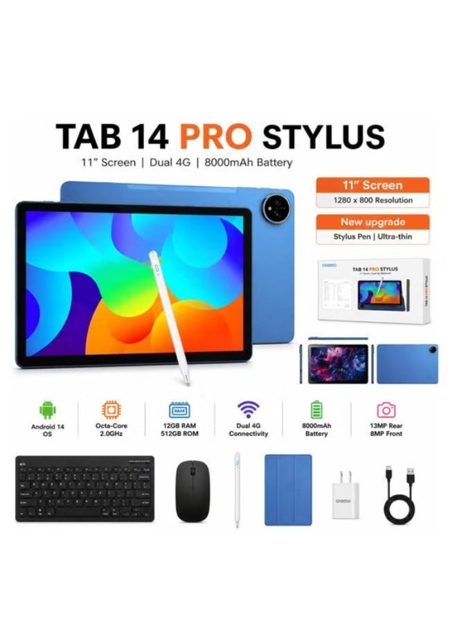 Oteeto Tab 14 Pro Stylus | Slim Design | 5G Tablet Dual SIM with Bluetooth Keyboard Case, Mouse & Stylus Pen – 12GB RAM 512GB Storage, 11.0" Large Display, 8000mAh Battery, Fast Charging, Tempered Glass, 13MP Rear + 8MP Front Camera, WiFi, High Performance Tablet – (Blue) - Image 3