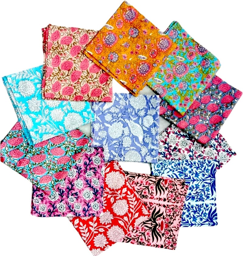 COTSILER Premium Handblock Cotton Napkin Set Floral Print Handmade for Dinner Event Thanksgiving Multicolor 18x18 Inch Set of 12 - Image 1