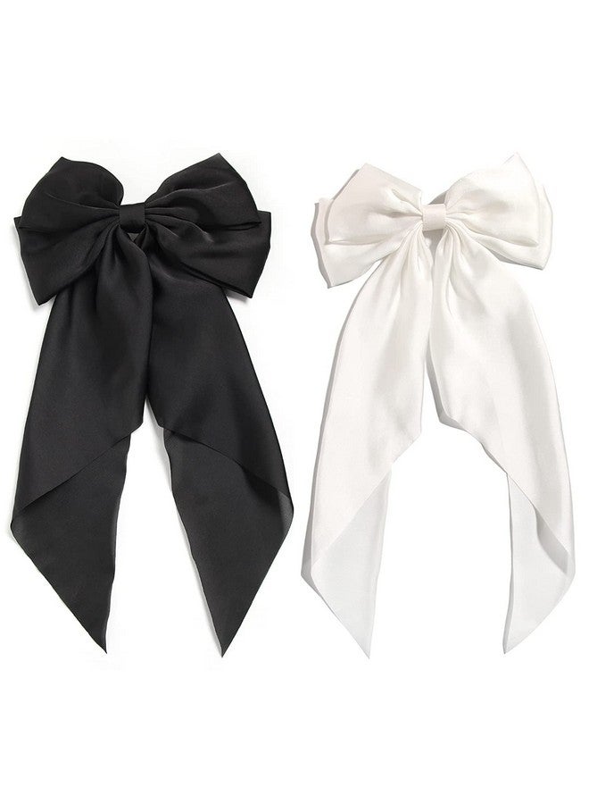 Ash & Roh® Big Satin Layered Hair Bows for Women Girls 11 Inch Barrette Hair Clip Long Black Ribbon Bows French Style Hair Accessories (Black,White) - Image 1