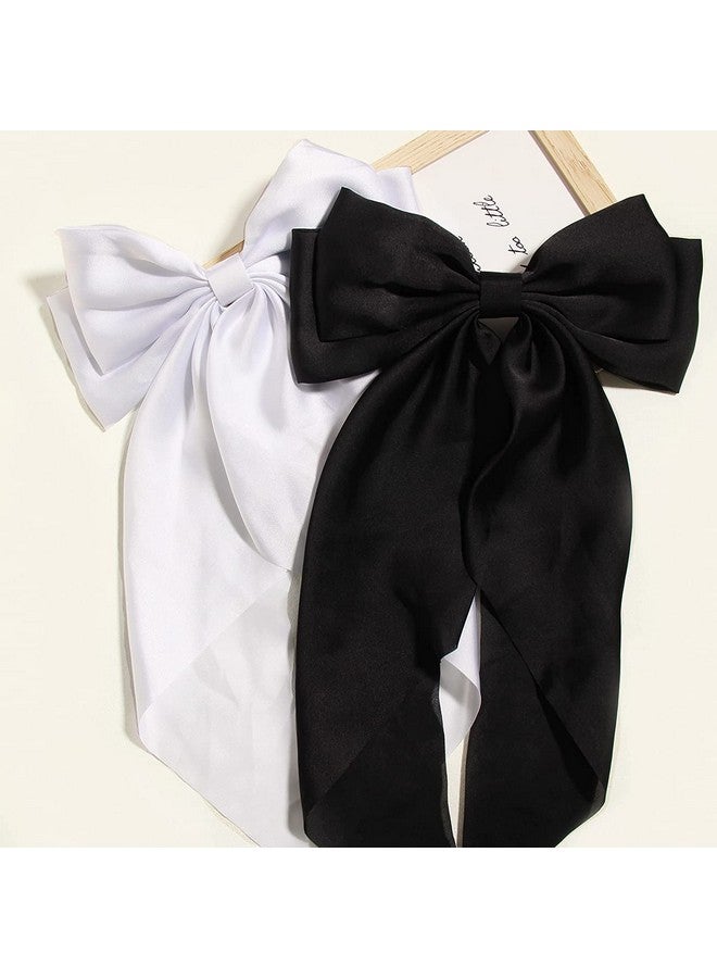 Ash & Roh® Big Satin Layered Hair Bows for Women Girls 11 Inch Barrette Hair Clip Long Black Ribbon Bows French Style Hair Accessories (Black,White) - Image 2