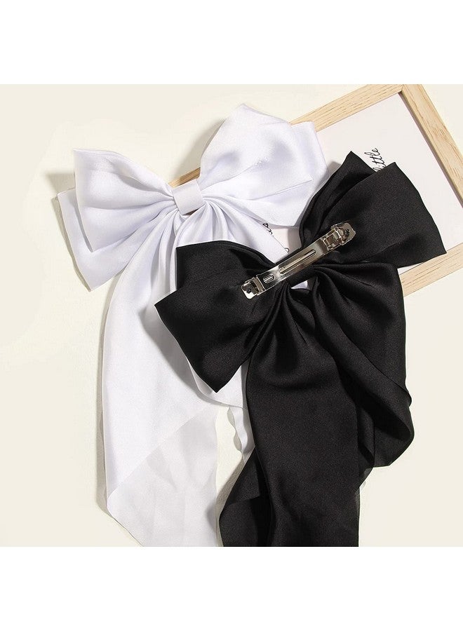 Ash & Roh® Big Satin Layered Hair Bows for Women Girls 11 Inch Barrette Hair Clip Long Black Ribbon Bows French Style Hair Accessories (Black,White) - Image 3