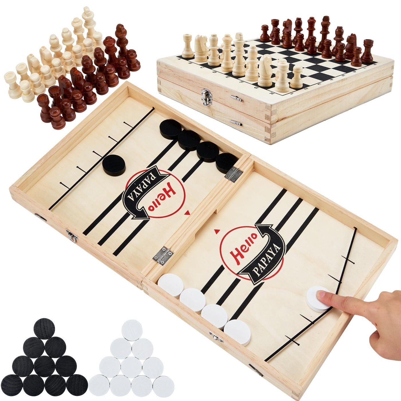 HELLO PAPAYA Fast Sling Puck Game,Wooden Hockey Game,Desktop Battle Sling Hockey Table Game,Adults or Kids Slingshot Board Game Parent-Child Interaction Toys
