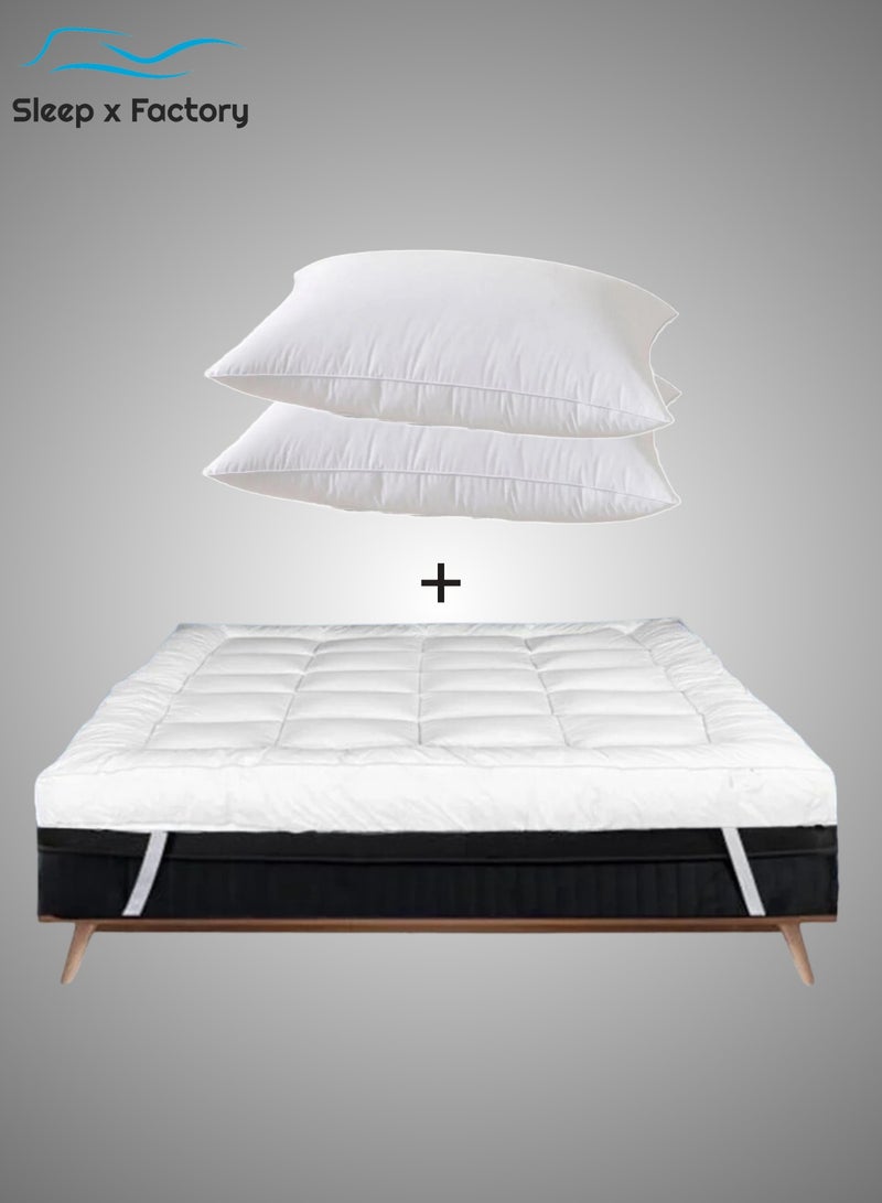 Premium Sleeping Pack – 180×200 cm Mattress Topper (Available in 10 / 14 / 20 cm Heights) + 2 Luxurious Microfiber Pillows
