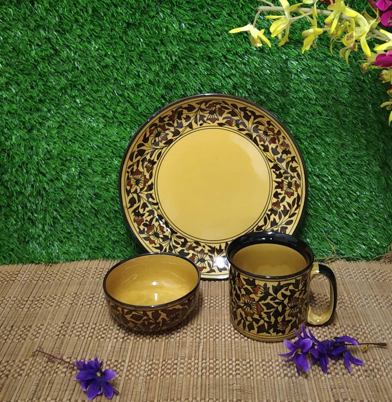 Caffeine Ceramic Handmade Brown Sehra Breakfast Gifting Set (Set of 3) - Image 1