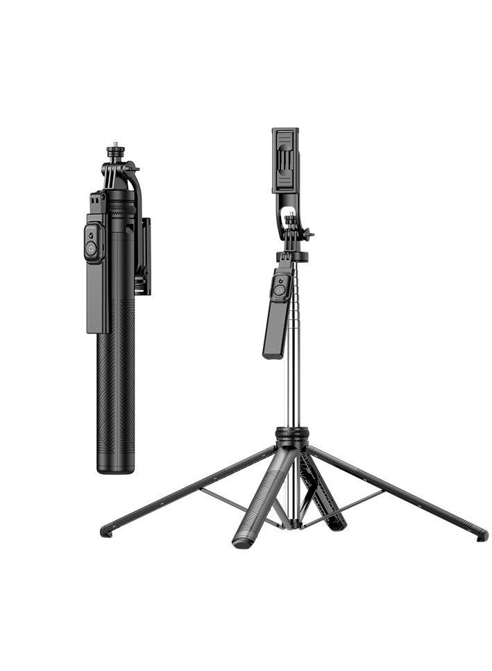 Bluetooth selfie stick with tripod stand, multi-functional portable mobile phone tripod for live streaming and photography, extendable up to 180cm, compatible with smartphones and cameras. Made of stainless steel metal rod for stability and durability. This stand is suitable for travel and video recording, compatible with various devices including iPhones, Android phones, and digital cameras.