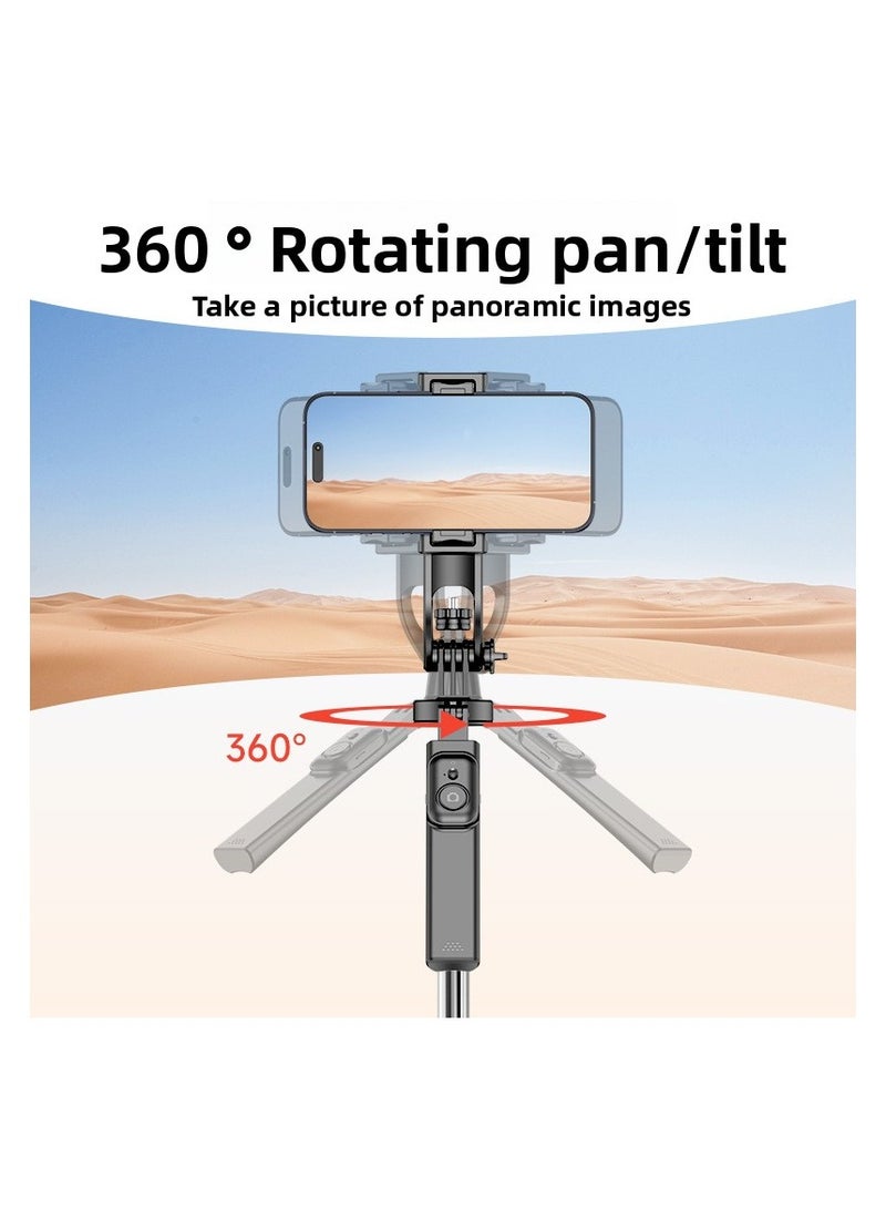 Bluetooth selfie stick with tripod stand, multi-functional portable mobile phone tripod for live streaming and photography, extendable up to 180cm, compatible with smartphones and cameras. Made of stainless steel metal rod for stability and durability. This stand is suitable for travel and video recording, compatible with various devices including iPhones, Android phones, and digital cameras.