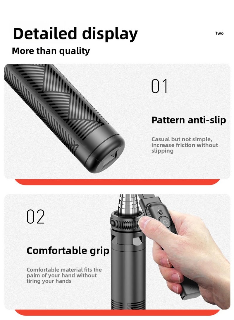 Bluetooth selfie stick with tripod stand, multi-functional portable mobile phone tripod for live streaming and photography, extendable up to 180cm, compatible with smartphones and cameras. Made of stainless steel metal rod for stability and durability. This stand is suitable for travel and video recording, compatible with various devices including iPhones, Android phones, and digital cameras.