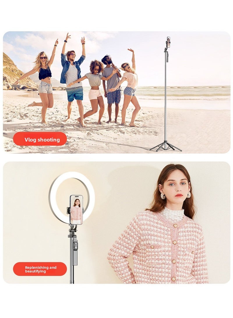 Bluetooth selfie stick with tripod stand, multi-functional portable mobile phone tripod for live streaming and photography, extendable up to 180cm, compatible with smartphones and cameras. Made of stainless steel metal rod for stability and durability. This stand is suitable for travel and video recording, compatible with various devices including iPhones, Android phones, and digital cameras.