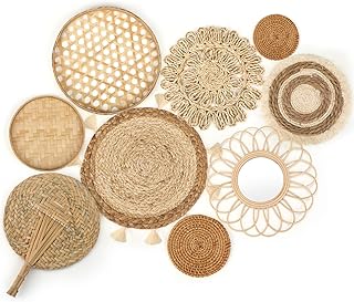 Unittype Unittype Set of 9 Wall Basket Decor Boho Wall Hanging Decor Rattan Wall Decor Flat Round Wicker Mirror Woven Macrame  - Image 1