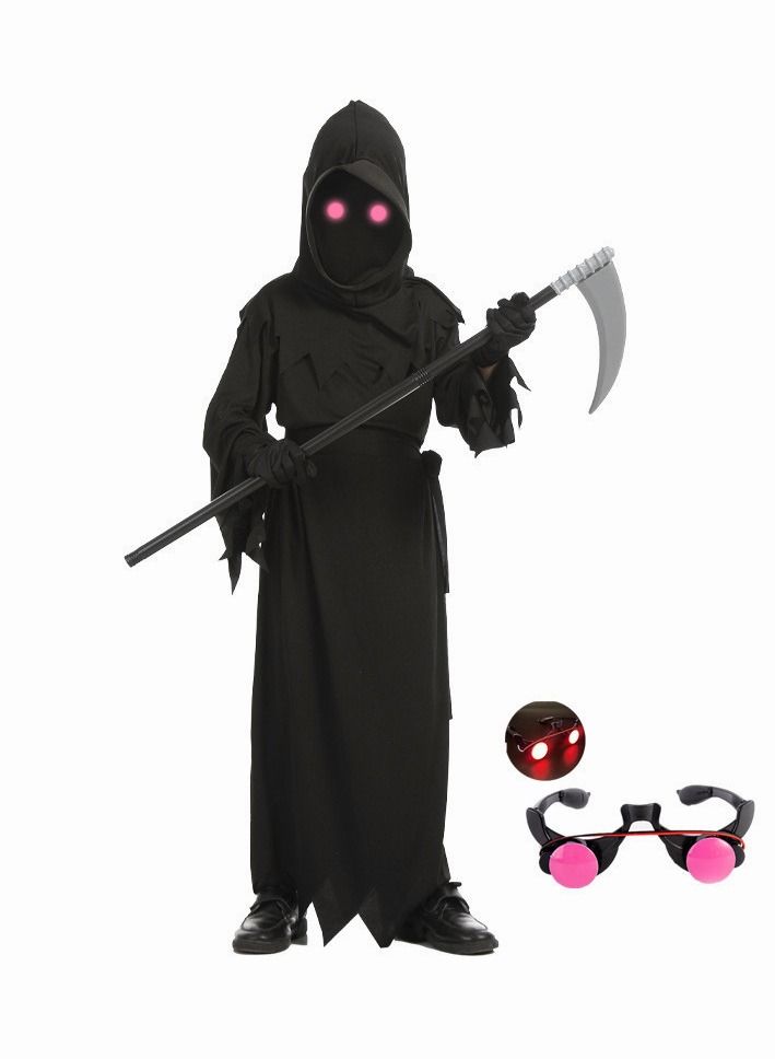 Kids Grim Reaper Halloween Costume Set - Black Hooded Tattered Robe with Glowing Pink Eye Mask & Scythe Prop, Spooky Death Cosplay Outfit for Boys, Stage Play & Themed Parties - Image 1