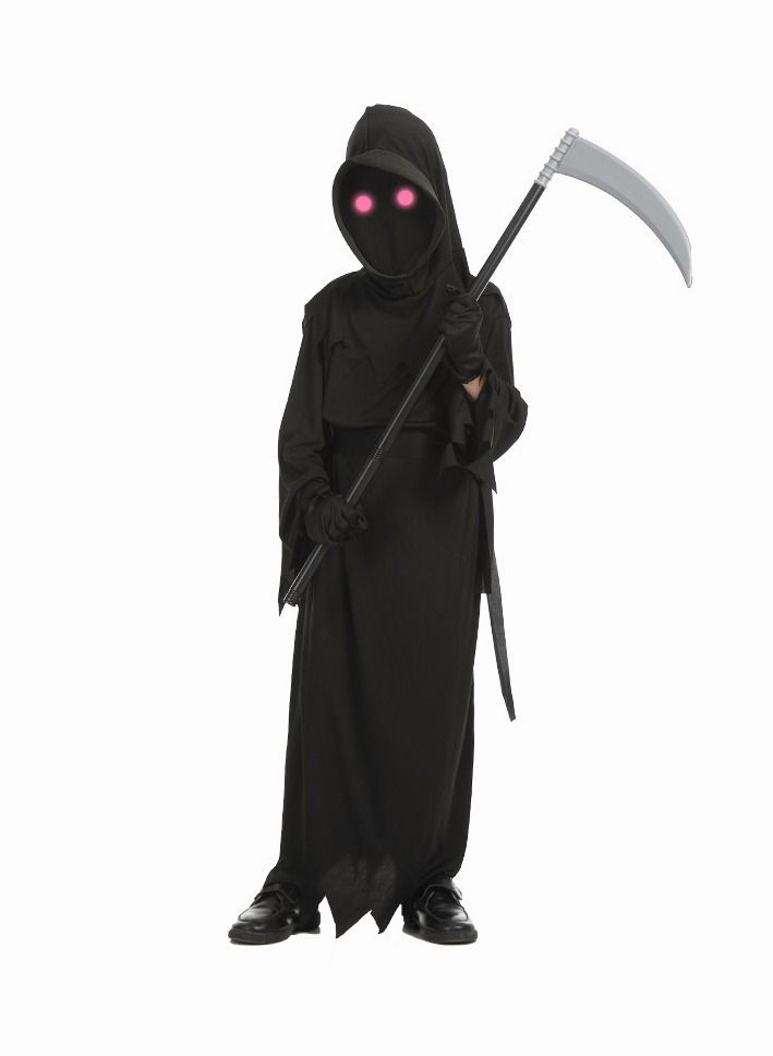 Kids Grim Reaper Halloween Costume Set - Black Hooded Tattered Robe with Glowing Pink Eye Mask & Scythe Prop, Spooky Death Cosplay Outfit for Boys, Stage Play & Themed Parties - Image 3