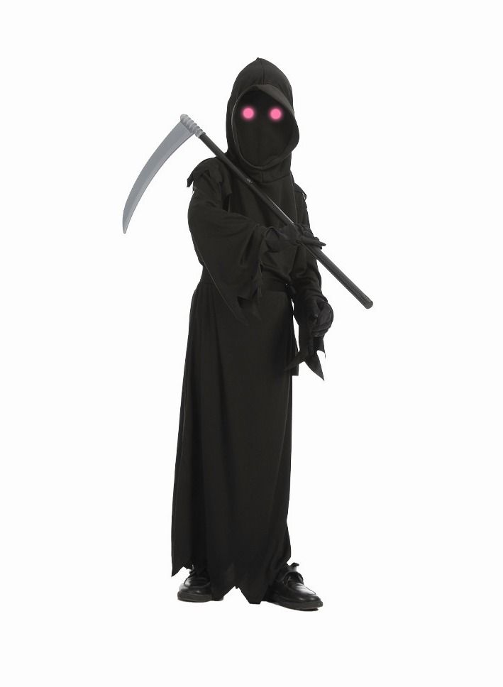 Kids Grim Reaper Halloween Costume Set - Black Hooded Tattered Robe with Glowing Pink Eye Mask & Scythe Prop, Spooky Death Cosplay Outfit for Boys, Stage Play & Themed Parties - Image 2
