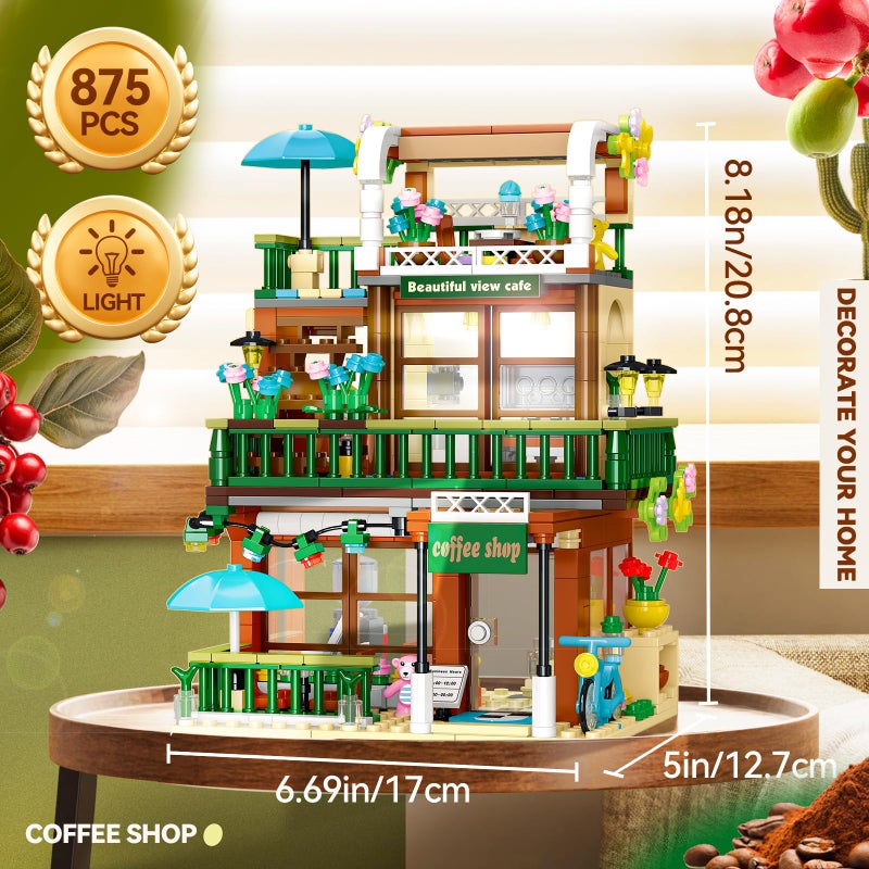 MOCBROPCS 3 in 1 Street View Coffee Shop City Building Set, Compatible with City House Modular Simulation Architecture Construction Toy with LED Lights, Gift for Adults and Girls Kids Aged 8+(875 PCS) - Image 4