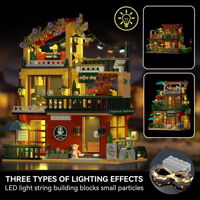 MOCBROPCS 3 in 1 Street View Coffee Shop City Building Set, Compatible with City House Modular Simulation Architecture Construction Toy with LED Lights, Gift for Adults and Girls Kids Aged 8+(875 PCS) - Image 2