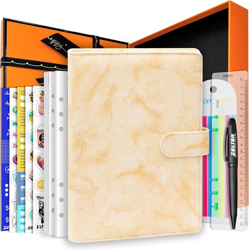 Zelten PU Leather Personal Notebook Planner with 80 Pages Loose-Leaf Papers 6 Holes Ring Binder Pen Holder Magnetic Buckle (Yellow Marble, A5 Gift Box) - Image 1