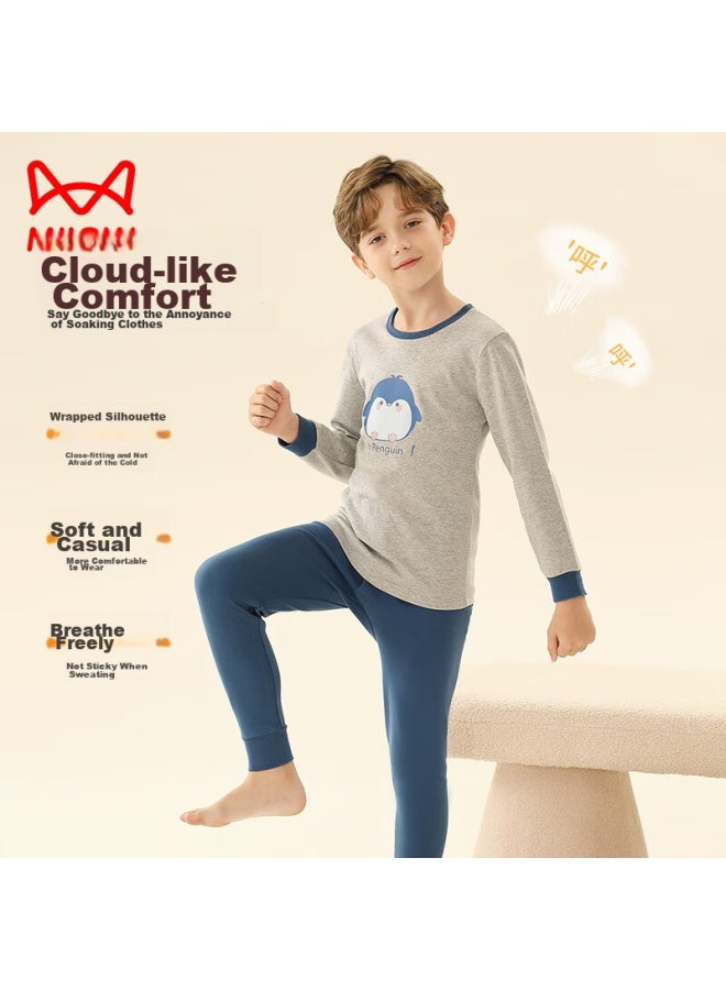 MIIOW Maoren Children's Thermal Underwear, Boys' Autumn And Winter Round Neck Pure Cotton Undershirt And Pants, Boys' Pajama Set, Gray Penguin, Size 120  - Image 4
