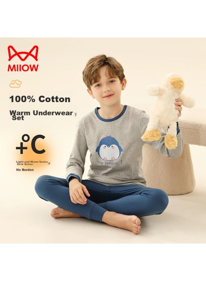 MIIOW Maoren Children's Thermal Underwear, Boys' Autumn And Winter Round Neck Pure Cotton Undershirt And Pants, Boys' Pajama Set, Gray Penguin, Size 120  - Image 1