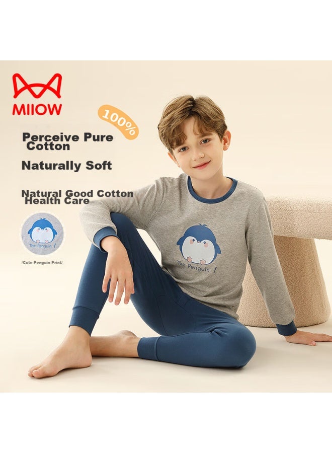 MIIOW Maoren Children's Thermal Underwear, Boys' Autumn And Winter Round Neck Pure Cotton Undershirt And Pants, Boys' Pajama Set, Gray Penguin, Size 120  - Image 2