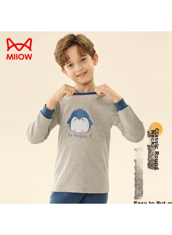 MIIOW Maoren Children's Thermal Underwear, Boys' Autumn And Winter Round Neck Pure Cotton Undershirt And Pants, Boys' Pajama Set, Gray Penguin, Size 120  - Image 5