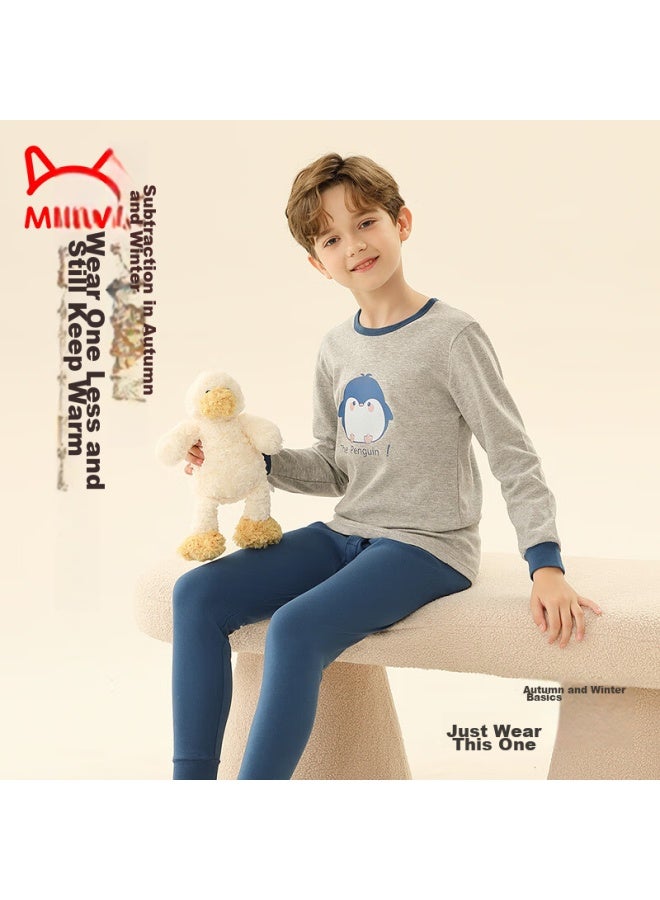 MIIOW Maoren Children's Thermal Underwear, Boys' Autumn And Winter Round Neck Pure Cotton Undershirt And Pants, Boys' Pajama Set, Gray Penguin, Size 120  - Image 3