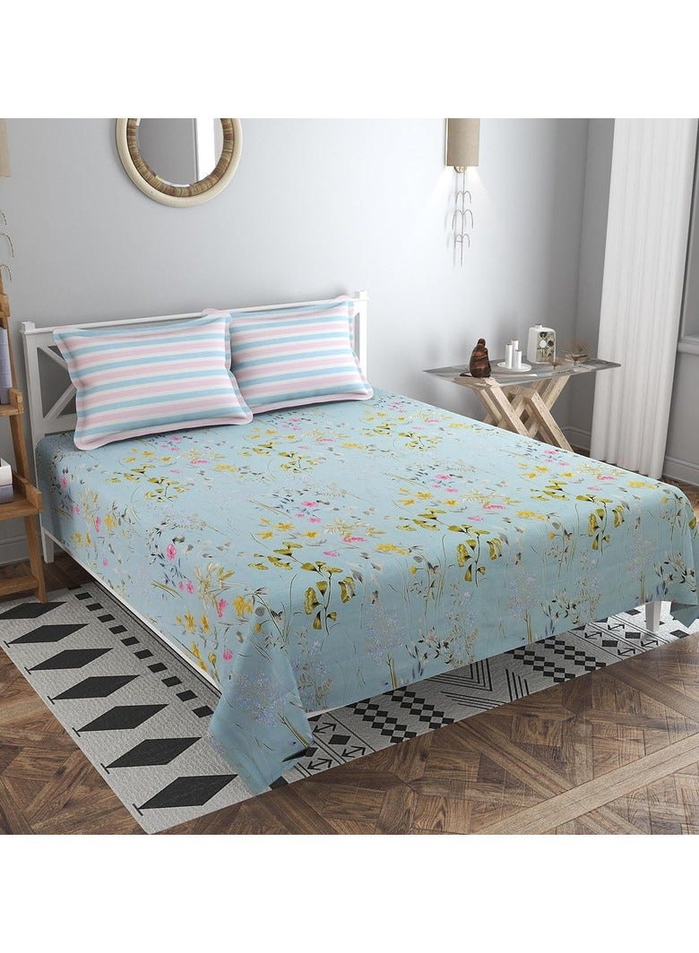 BSB HOME أغطية سرير كينج من قطن جليسي الفاخر مع 2 غطاء وسادة كينج من كينغستون | أغطية قطن ناعمة فاخرة (مجموعة 3 قطع، 275 × 275 سم ورقة مسطحة، 50 × 75 سم أغطية وسائد، أزرق سماوي ووردي) - Image 1