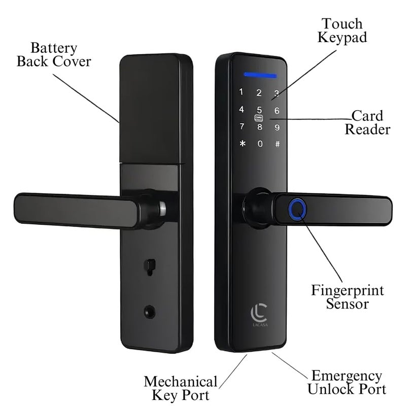 LACASA Smart Door Lock LC811B Fingerprint Pincode RFID Access Card WiFi Mobile App Mechanical Key Time Based Access Auto Locking High Strength for Home and OfficeBlack - Image 2