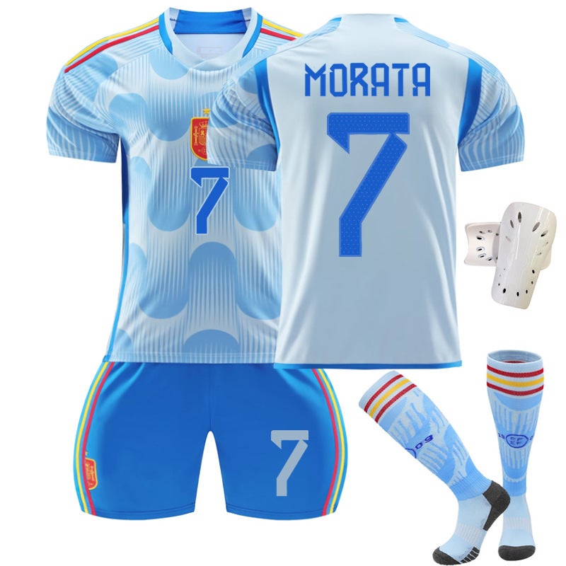 2223 Spain Away Blue 10 Asencio 9 Garvey 21 Pedre 7 Morata Football Jersey Set - Image 5
