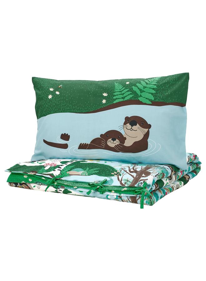 Zaboon Duvet cover and pillowcase, blue green/forest pattern, 150x200/50x80 cm - Image 1