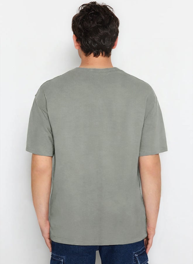 trendyol Oversize Gray Fluffy Printed Cotton T-shirt - Image 2