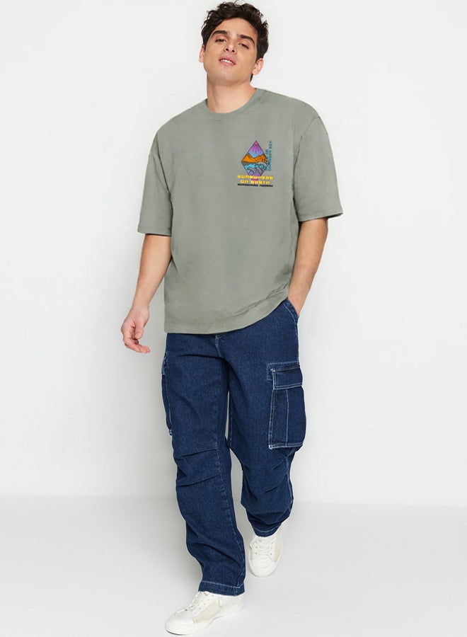 trendyol Oversize Gray Fluffy Printed Cotton T-shirt - Image 1