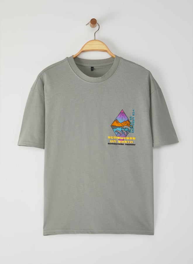 trendyol Oversize Gray Fluffy Printed Cotton T-shirt - Image 3