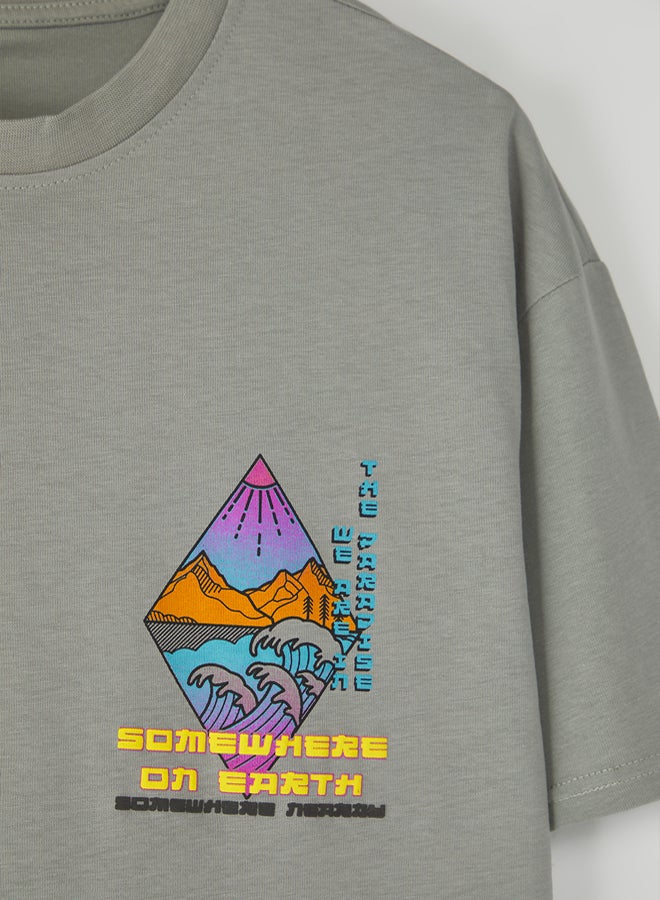 trendyol Oversize Gray Fluffy Printed Cotton T-shirt - Image 4