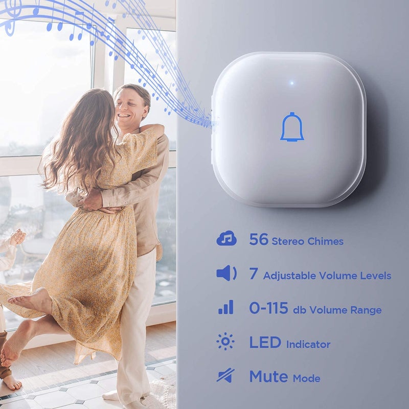 himster Wireless Doorbell, Waterproof Door Bell Chime Kit Alarm for Home at Upto 1000 Feet Range Operating with 56 Melodies, LED Flash, 7 Levels Adjustable Volume (White 2 Transmitters & 3 Receivers) - Image 4