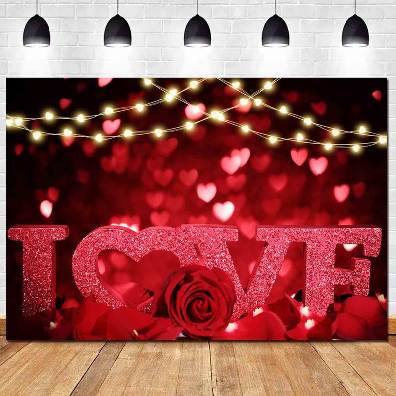 HQM Rose Bokeh Glitter Red Love Heart Theme Photo Backgrounds 7x5ft Fabric Wedding Bride Shower Mother's Day Valentine's Day Anniversary Party Photography Backdrops Couple Studio Shoot Booth Props - Image 3