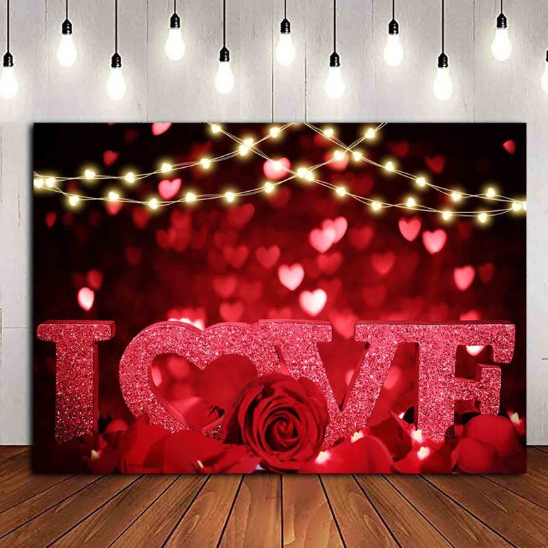 HQM Rose Bokeh Glitter Red Love Heart Theme Photo Backgrounds 7x5ft Fabric Wedding Bride Shower Mother's Day Valentine's Day Anniversary Party Photography Backdrops Couple Studio Shoot Booth Props - Image 1