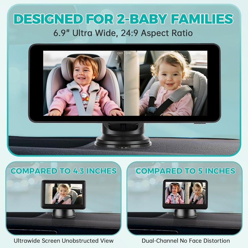 ACAUTO Baby Car Camera for 2 Kids69 Large HD Display Dual Channel Baby Monitor 1080P IR Night Vision Car Seat CameraEasy Install RearFacing View  Ideal for Kids and Pet Safety - Image 3