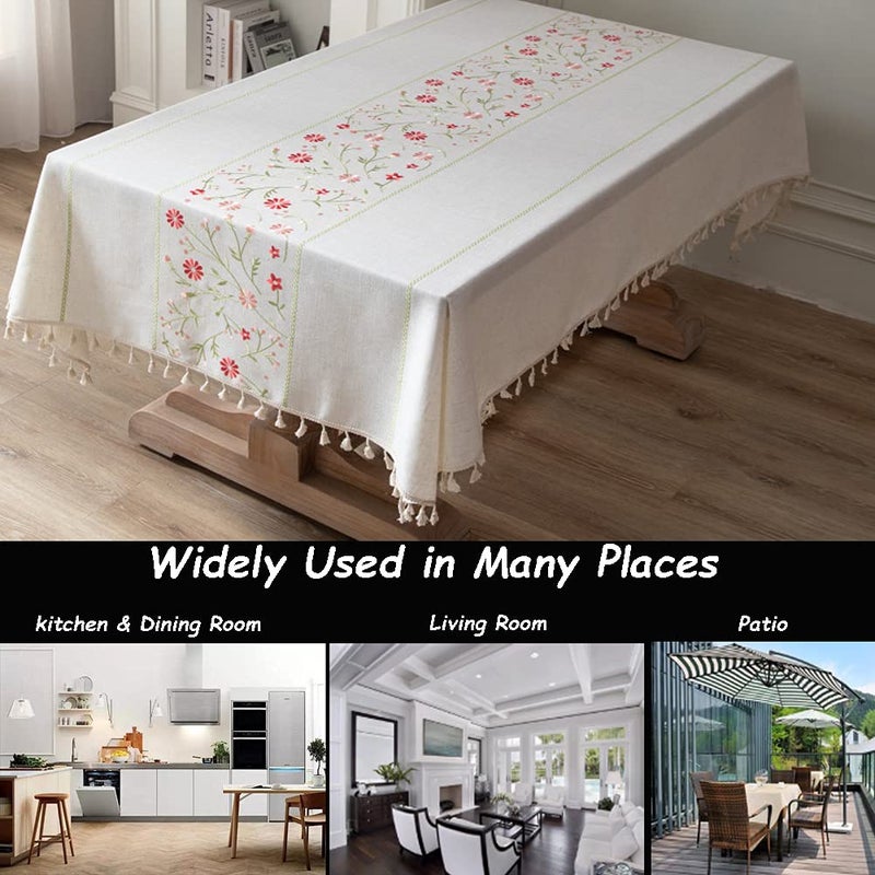 AMZALI Table Cloth Embroidery Floral Pattern Wrinkle Free Heavy Weight Cotton Linen Farmhouse Tablecloth Decorative Fabric Tassel Table Cover for Outdoor and Indoor Use (Rectangle,55 x 70 Inch) - Image 5