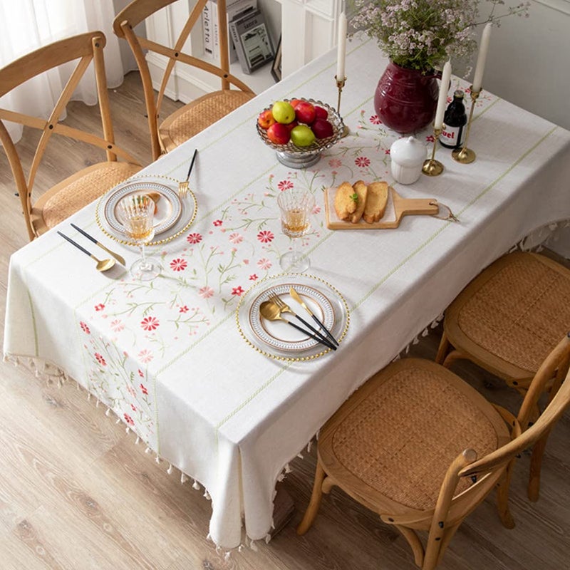 AMZALI Table Cloth Embroidery Floral Pattern Wrinkle Free Heavy Weight Cotton Linen Farmhouse Tablecloth Decorative Fabric Tassel Table Cover for Outdoor and Indoor Use (Rectangle,55 x 70 Inch) - Image 2
