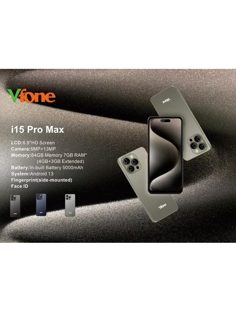 Vfone - i15 Pro Max Smart phone 4GB+3GB RAM+64GB ROM 6.8 HD full screen Blue Titanium - Image 1