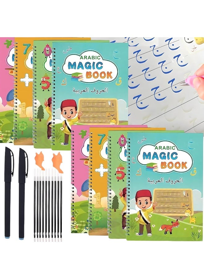 8 قطع دفتر نسخ سحري قابل لإعادة الاستخدام، دفاتر خط اليد، تصميم قالب الأخاديد ومساعد خط اليد، خط متصل للأطفال الصغار، التحكم في القلم العربي، التعليم المبكر ورياض الأطفال - Image 1