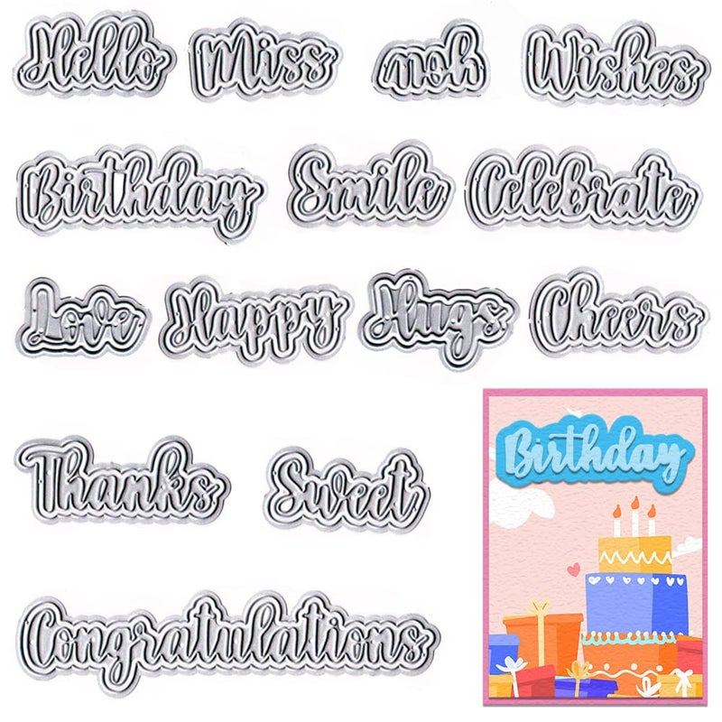 Threetols 14 PCS Holiday Words Metal Die Cuts for Card Making, Birthday Thanksgiving Words Cutting Dies for Paper Craft DIY Decor Holiday Card Making Scrapbooking Paper Album Stamp - Image 1