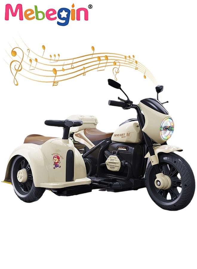 MEBEGIN Kids Electric Ride On Motorcycle with Sidecar and Storing Space, 3-Wheel Motorbike with High-capacity Battery and 2 Ergonomic Seats, Safe Ride-on Toy with Light and Music, Hard to Roll Over, Fun Outdoor Toy, Ideal Gift for Kids - Image 1